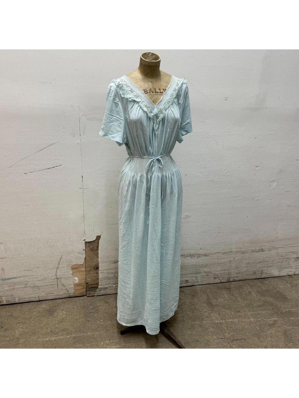 Vintage 1970s Powder Blue Lace-Trimmed Nylon Nightgown